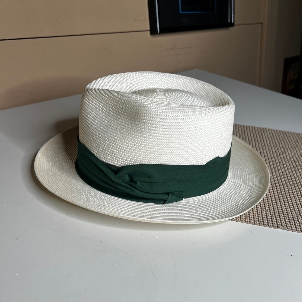 Dobbs Fifth Avenue Florentine Milan Straw Fedora White Hat Green Band XL